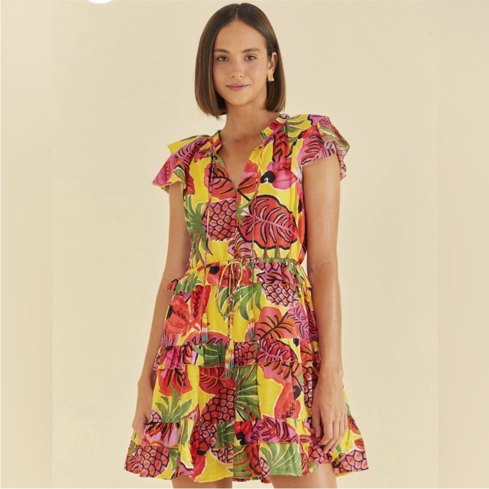 Farm Rio Bright Yellow Tropical Print Ruffle-Sleeve Dress